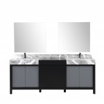 Zilara 84" Black and Grey Double Vanity, Castle Grey Marble Tops, Square Sinks, Balzani Gun Metal Faucet Set, and 34" Mirrors