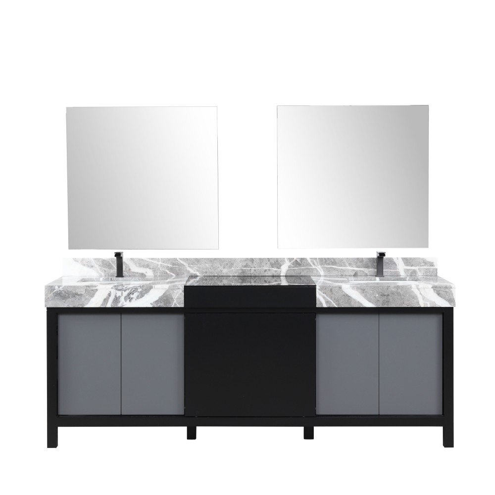 Zilara 84" Black and Grey Double Vanity, Castle Grey Marble Tops, Square Sinks, Balzani Gun Metal Faucet Set, and 34" Mirrors