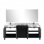 Zilara 84" Black and Grey Double Vanity, Castle Grey Marble Tops, Square Sinks, Balzani Gun Metal Faucet Set, and 34" Mirrors