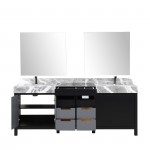 Zilara 84" Black and Grey Double Vanity, Castle Grey Marble Tops, Square Sinks, Balzani Gun Metal Faucet Set, and 34" Mirrors