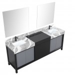 Zilara 84" Black and Grey Double Vanity, Castle Grey Marble Tops, Square Sinks, Balzani Gun Metal Faucet Set, and 34" Mirrors