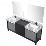 Zilara 84" Black and Grey Double Vanity, Castle Grey Marble Tops, Square Sinks, Balzani Gun Metal Faucet Set, and 34" Mirrors