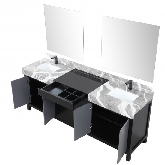 Zilara 84" Black and Grey Double Vanity, Castle Grey Marble Tops, Square Sinks, Balzani Gun Metal Faucet Set, and 34" Mirrors