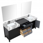 Zilara 84" Black and Grey Double Vanity, Castle Grey Marble Tops, Square Sinks, Balzani Gun Metal Faucet Set, and 34" Mirrors