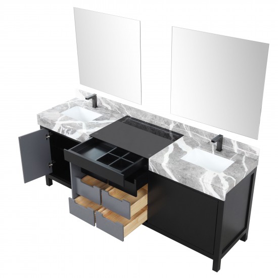 Zilara 84" Black and Grey Double Vanity, Castle Grey Marble Tops, Square Sinks, Balzani Gun Metal Faucet Set, and 34" Mirrors