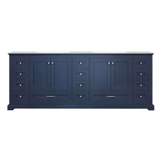 Dukes 84" Navy Blue Double Vanity, White Carrara Marble Top, White Square Sinks and no Mirror