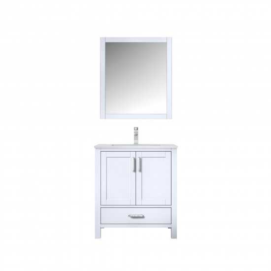 Jacques 30" White Single Vanity, White Carrara Marble Top, White Square Sink and 28" Mirror w/ Faucet