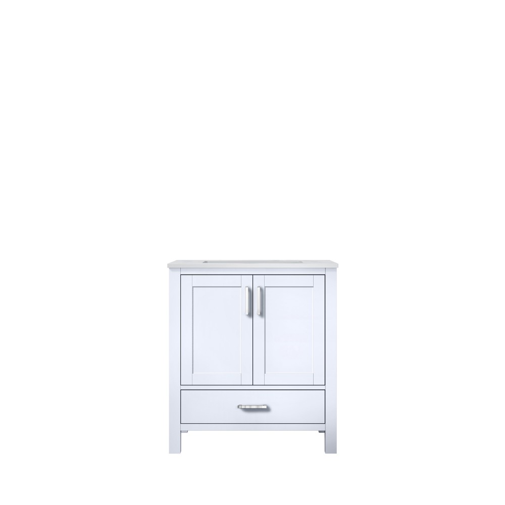 Jacques 30" White Single Vanity, White Carrara Marble Top, White Square Sink and no Mirror