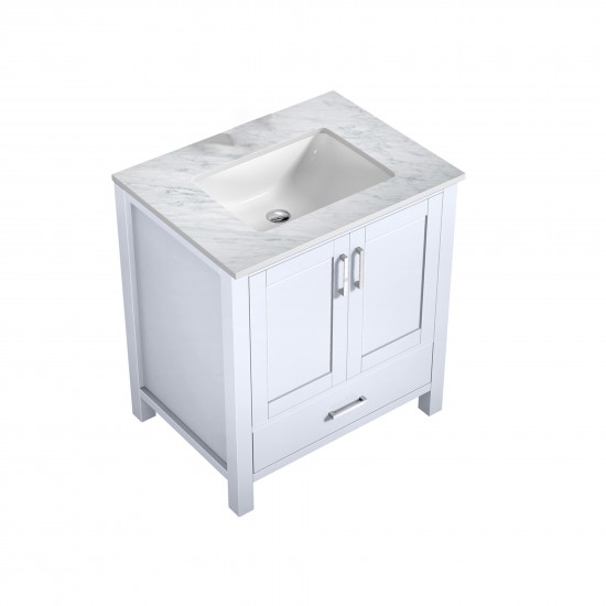 Jacques 30" White Single Vanity, White Carrara Marble Top, White Square Sink and no Mirror