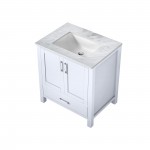 Jacques 30" White Single Vanity, White Carrara Marble Top, White Square Sink and no Mirror