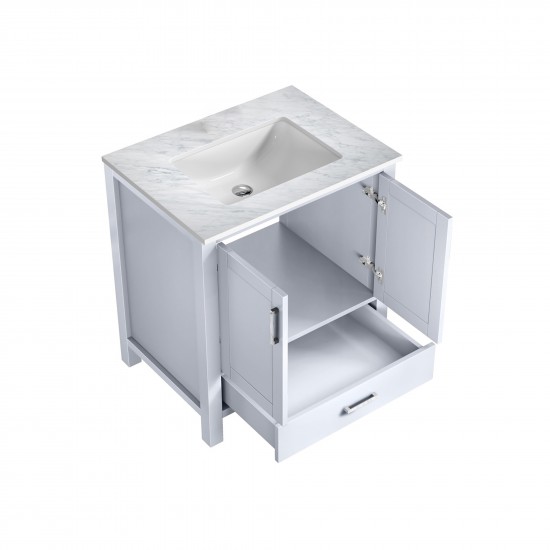 Jacques 30" White Single Vanity, White Carrara Marble Top, White Square Sink and no Mirror