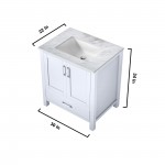 Jacques 30" White Single Vanity, White Carrara Marble Top, White Square Sink and no Mirror