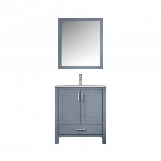 Jacques 30" Dark Grey Single Vanity, White Carrara Marble Top, White Square Sink and 28" Mirror w/ Faucet