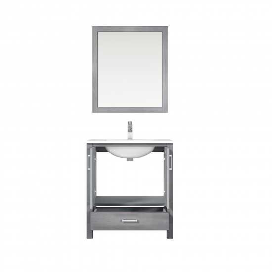 Jacques 30" Distressed Grey Single Vanity, White Carrara Marble Top, White Square Sink and 28" Mirror w/ Faucet