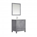 Jacques 30" Distressed Grey Single Vanity, White Carrara Marble Top, White Square Sink and 28" Mirror w/ Faucet