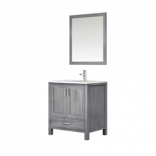 Jacques 30" Distressed Grey Single Vanity, White Carrara Marble Top, White Square Sink and 28" Mirror w/ Faucet