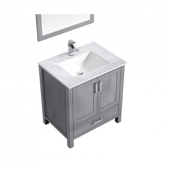 Jacques 30" Distressed Grey Single Vanity, White Carrara Marble Top, White Square Sink and 28" Mirror w/ Faucet