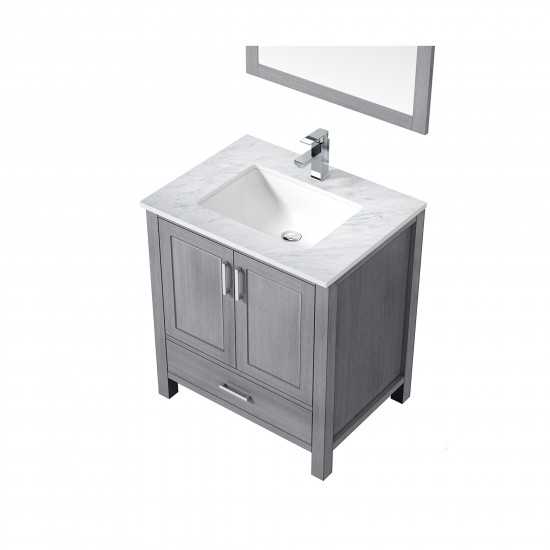 Jacques 30" Distressed Grey Single Vanity, White Carrara Marble Top, White Square Sink and 28" Mirror w/ Faucet