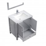 Jacques 30" Distressed Grey Single Vanity, White Carrara Marble Top, White Square Sink and 28" Mirror w/ Faucet