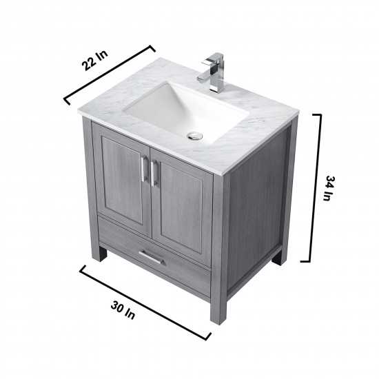 Jacques 30" Distressed Grey Single Vanity, White Carrara Marble Top, White Square Sink and 28" Mirror w/ Faucet