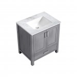 Jacques 30" Distressed Grey Single Vanity, White Carrara Marble Top, White Square Sink and no Mirror