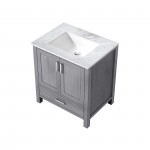 Jacques 30" Distressed Grey Single Vanity, White Carrara Marble Top, White Square Sink and no Mirror