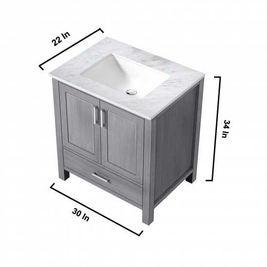 Jacques 30" Distressed Grey Single Vanity, White Carrara Marble Top, White Square Sink and no Mirror