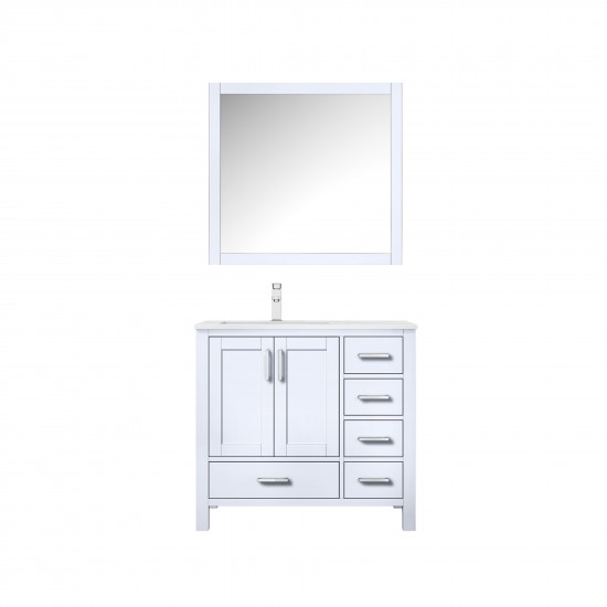 Jacques 36" White Single Vanity, White Carrara Marble Top, White Square Sink and 34" Mirror w/ Faucet - Left Version