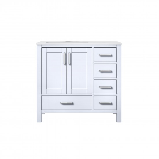 Jacques 36" White Single Vanity, White Carrara Marble Top, White Square Sink and no Mirror - Left Version