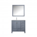 Jacques 36" Dark Grey Single Vanity, White Carrara Marble Top, White Square Sink and 34" Mirror w/ Faucet - Left Version