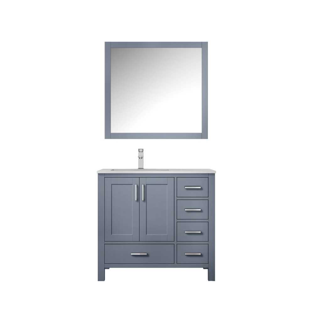 Jacques 36" Dark Grey Single Vanity, White Carrara Marble Top, White Square Sink and 34" Mirror w/ Faucet - Left Version