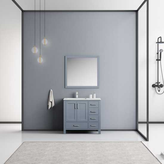 Jacques 36" Dark Grey Single Vanity, White Carrara Marble Top, White Square Sink and 34" Mirror w/ Faucet - Left Version