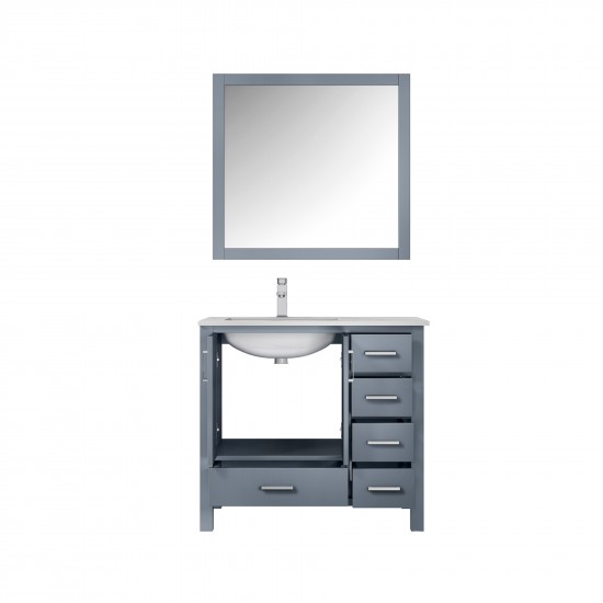 Jacques 36" Dark Grey Single Vanity, White Carrara Marble Top, White Square Sink and 34" Mirror w/ Faucet - Left Version