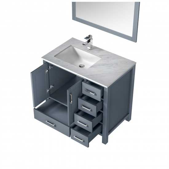 Jacques 36" Dark Grey Single Vanity, White Carrara Marble Top, White Square Sink and 34" Mirror w/ Faucet - Left Version