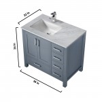 Jacques 36" Dark Grey Single Vanity, White Carrara Marble Top, White Square Sink and 34" Mirror w/ Faucet - Left Version