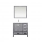 Jacques 36" Distressed Grey Single Vanity, White Carrara Marble Top, White Square Sink and 34" Mirror w/ Faucet - Left Versio