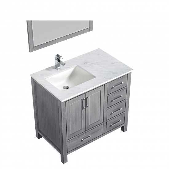 Jacques 36" Distressed Grey Single Vanity, White Carrara Marble Top, White Square Sink and 34" Mirror w/ Faucet - Left Versio