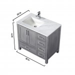 Jacques 36" Distressed Grey Single Vanity, White Carrara Marble Top, White Square Sink and 34" Mirror w/ Faucet - Left Versio