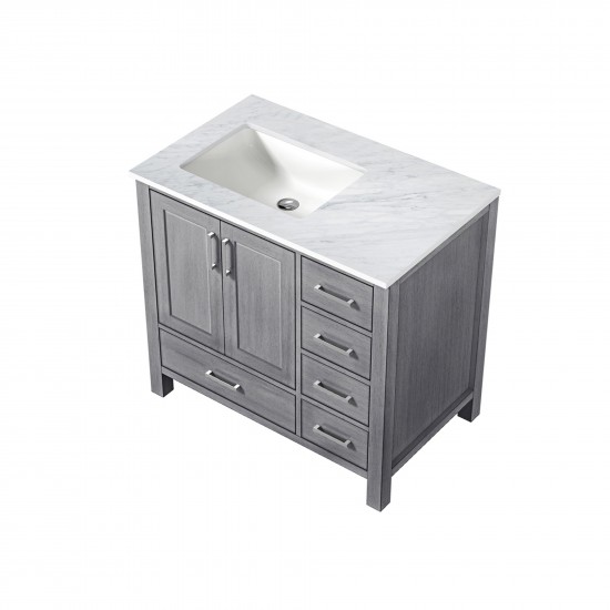 Jacques 36" Distressed Grey Single Vanity, White Carrara Marble Top, White Square Sink and no Mirror - Left Version