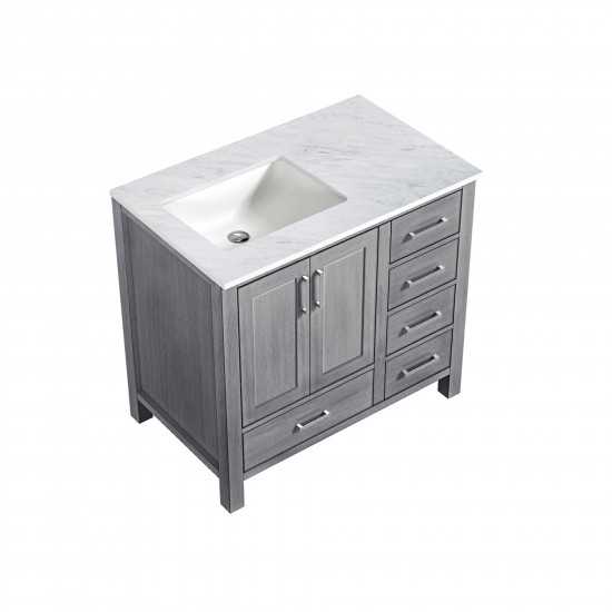 Jacques 36" Distressed Grey Single Vanity, White Carrara Marble Top, White Square Sink and no Mirror - Left Version