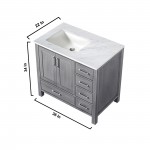 Jacques 36" Distressed Grey Single Vanity, White Carrara Marble Top, White Square Sink and no Mirror - Left Version