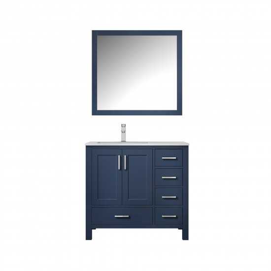 Jacques 36" Navy Blue Single Vanity, White Carrara Marble Top, White Square Sink and 34" Mirror w/ Faucet - Left Version