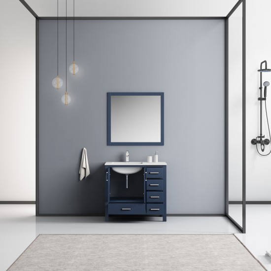 Jacques 36" Navy Blue Single Vanity, White Carrara Marble Top, White Square Sink and 34" Mirror w/ Faucet - Left Version