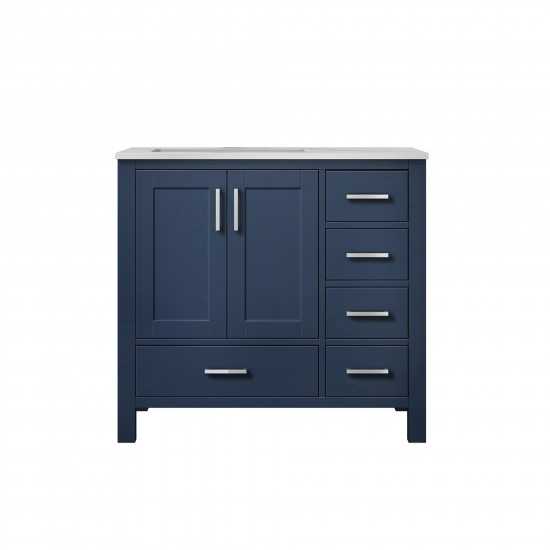 Jacques 36" Navy Blue Single Vanity, White Carrara Marble Top, White Square Sink and no Mirror - Left Version