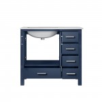 Jacques 36" Navy Blue Single Vanity, White Carrara Marble Top, White Square Sink and no Mirror - Left Version