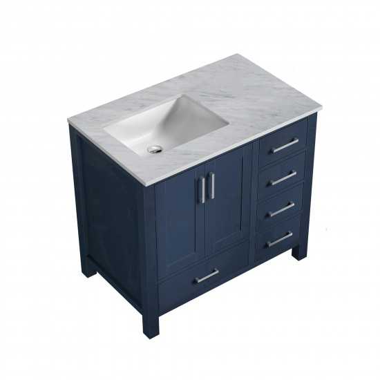 Jacques 36" Navy Blue Single Vanity, White Carrara Marble Top, White Square Sink and no Mirror - Left Version