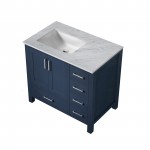 Jacques 36" Navy Blue Single Vanity, White Carrara Marble Top, White Square Sink and no Mirror - Left Version