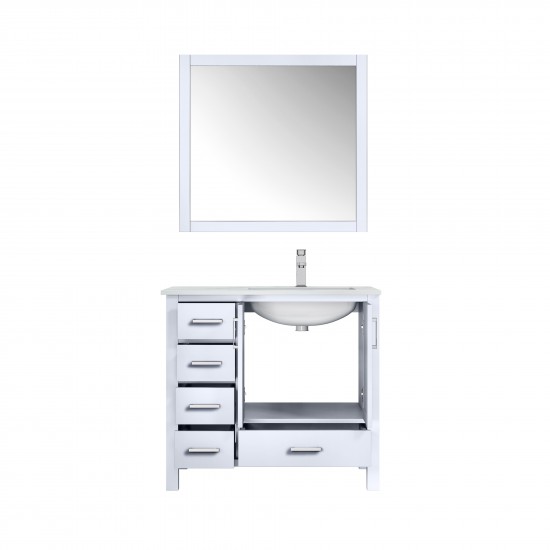 Jacques 36" White Single Vanity, White Carrara Marble Top, White Square Sink and 34" Mirror w/ Faucet - Right Version