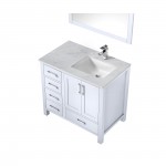 Jacques 36" White Single Vanity, White Carrara Marble Top, White Square Sink and 34" Mirror w/ Faucet - Right Version