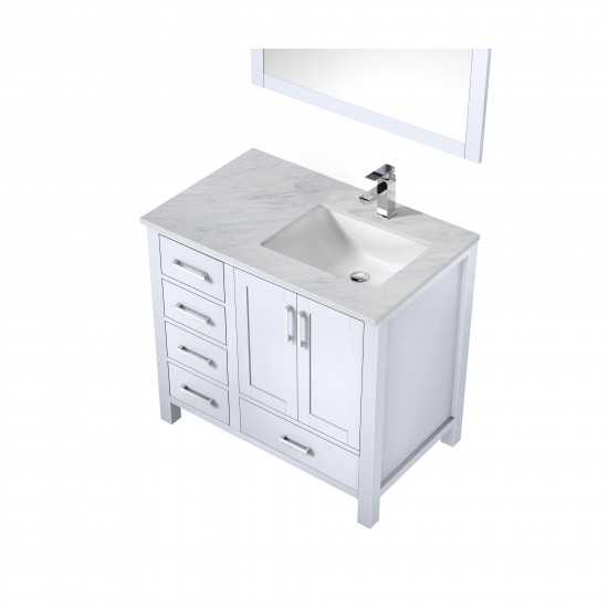 Jacques 36" White Single Vanity, White Carrara Marble Top, White Square Sink and 34" Mirror w/ Faucet - Right Version